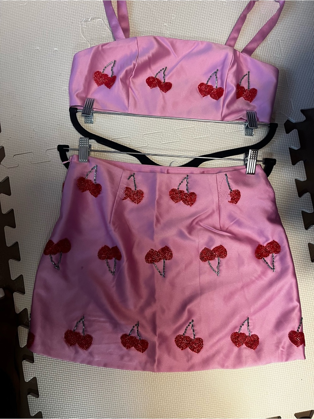 Fashion Nova Pink Cherry Embroidered Satin Skirt Set